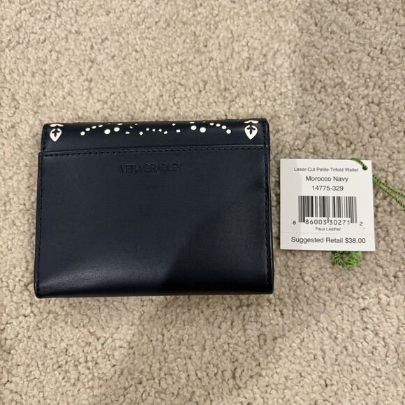 New Vera Bradley Wallet Morocco Navy Blue Laser Cut Petite Trifold Wallet Black - Picture 9 of 12